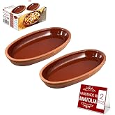 Hakan Bergama Handmade Oval Clay Pan Set of 2 | Terracotta Pans Glazed Inside | Casserole Dishes for Oven Baking | Traditional Earthenware Clay in Box, Large, 4.8 x 10.25 x 1.5-inch 13.5 Oz (400 cc)