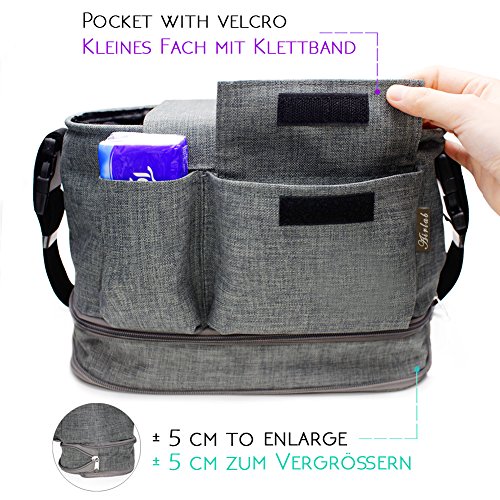 Stroller Organizer Bag with Zipper, Extra 5cm Capacity to Enlarge, Extra-Large Storage Space for iPhones, Toys, Diapers, Books, Drinking Bottles, Mobile Phones and other Baby Accessories, Waterproof