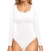 MANGOPOP Double Lined Long Sleeve Bodysuits for Women Scoop Neck Thong Short Bodysuit Tops Seamless