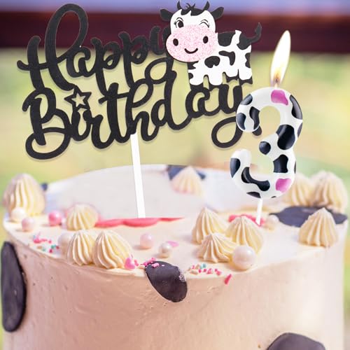 Birthday Decoration 1 Year with Cow Theme Happy Birthday Cake Decoration and Candles Birthday, Decoration Birthday 1 Year for Children Girls