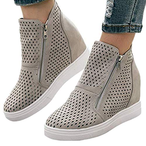 St.Dona_Shoes Women's Platform Sneakers Hidden Wedges Side Zipper Faux Suede Perforated Ankle Booties Gray - Thumbnail 5