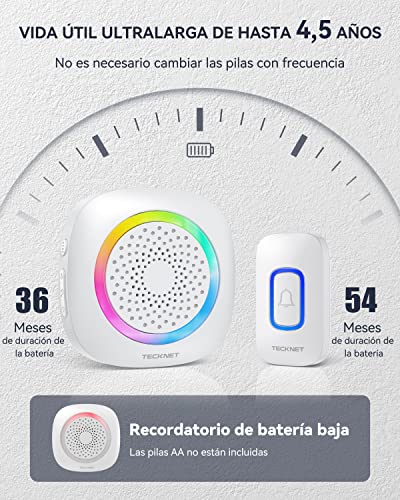 TECKNET Wireless Doorbell with Batteries, RGB Wireless Doorbell Outdoor Waterproof IP66 with 2 Receivers, 400 M Range, 5 Volume Levels and 60 Melodies for Home, Hotel, Office, Emergency etc