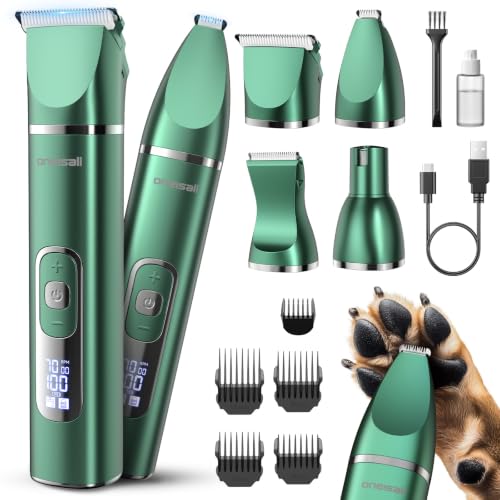 oneisall 4 in 1 Professional Dog Clipper, Silent Dog Clipper <49db, Cordless Dog Paws Clipper Paws Body Eyes Ears Face (Silver) (Green)