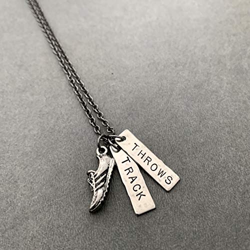 RUN TRACK THROWS Necklace - Pewter Running Shoe Charm and 2 Hand Hammered Nickel Silver Pendants Hand Stamped with TRACK and THROWS on 18 inch Gunmetal Chain - Track Throwing Events - Thumbnail 4