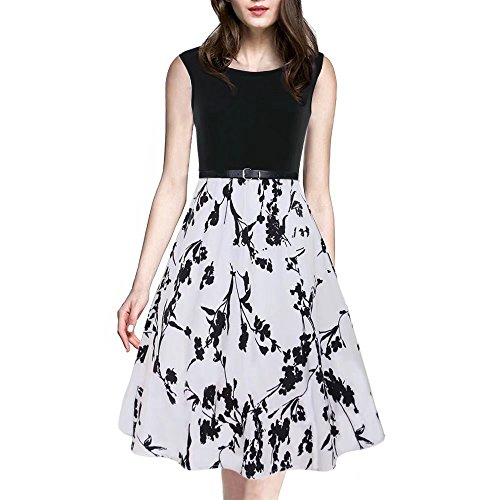 Cestvue Women's Summer Vintage A-line Floral Cocktail Prom Dresses with Belt(M,White)