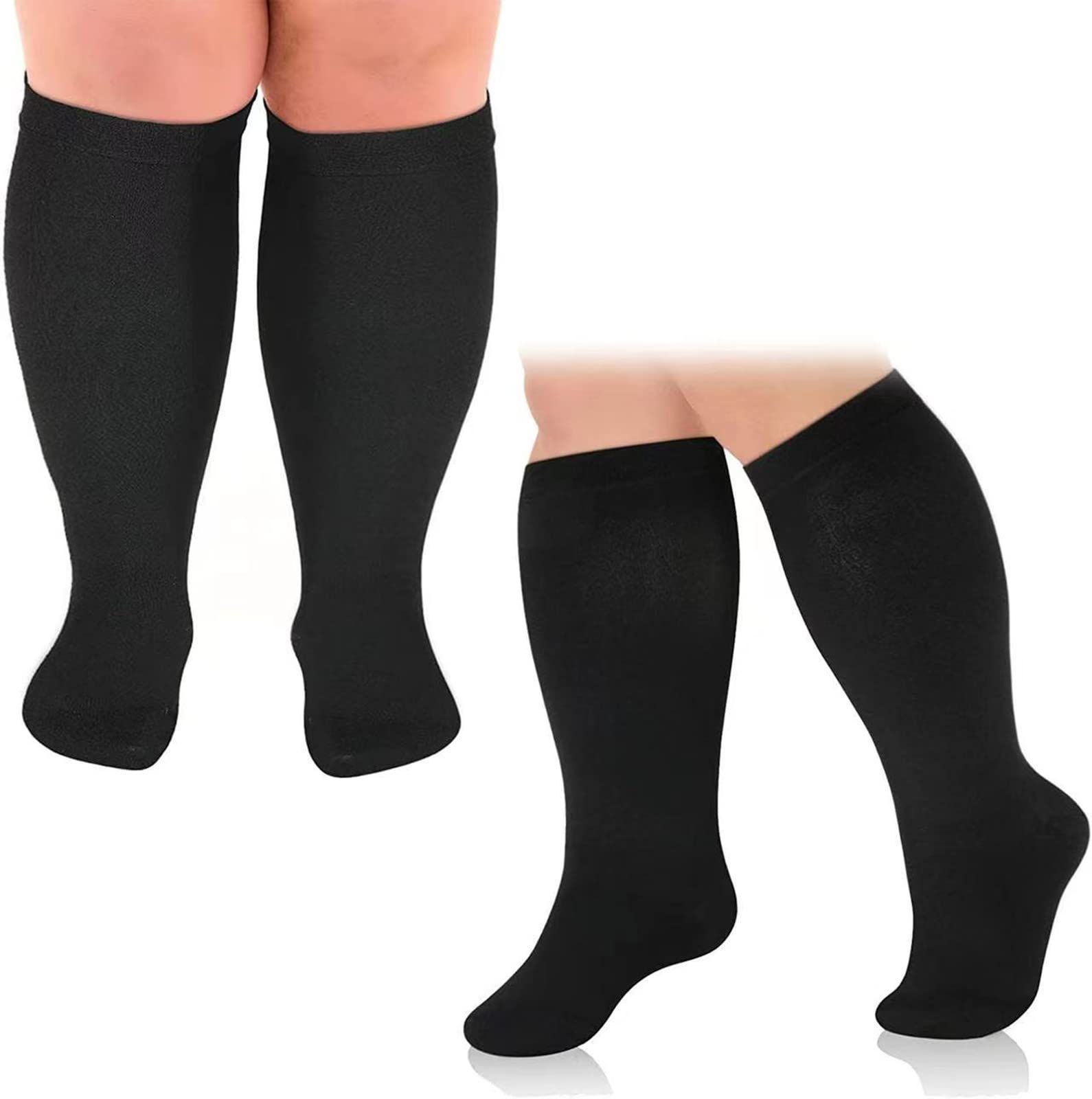 Cheeroyal 2 Pack Plus Size Compression Socks for Women and Men, 20-30mmhg Extra Large Wide Calf Knee High Stockings for Circulation Support (7XL-2pcs, black)