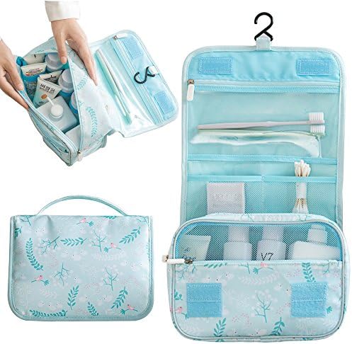 IFUNLE Portable Multi-function Animal Print Bird Pattern Waterproof Travel Hanging Toiletry Bag Travel Kit Water Resistant Makeup Cosmetic Organizer Bag with Hook (Light Blue)