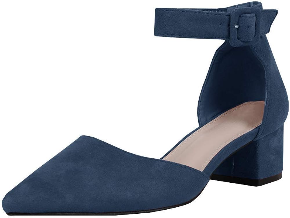 FISACE Womens Low Mid Square Heel Ankle Strap Sandal Office Ladies Pointed Toe Pumps Shoe