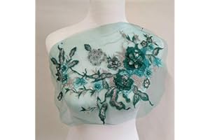 FEEPOP 3D Embroidered Patches Nail Bead Tulle Applique Flower Patch for Clothing Wedding Dress Lace Fabric DIY Decoration(Green)