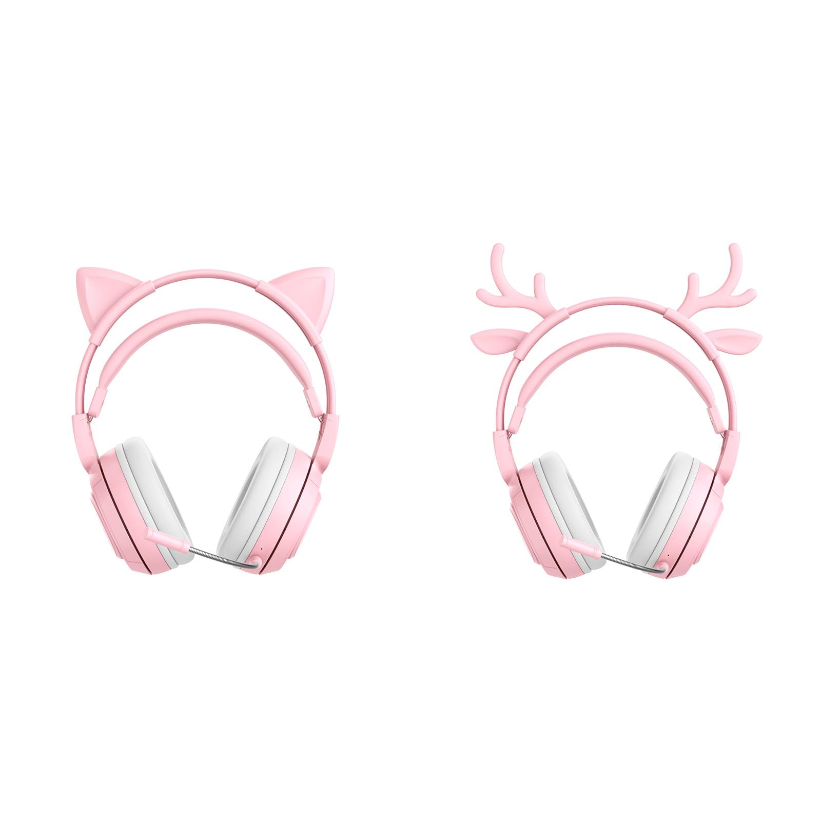 Lomiluskr RGB Cute Cat Ear Wireless Headset with Detachable Mic, Bluetooth/Wired Dual Mode Over Ear Headset, Interchangeable Cat and Deer Ears, Compatible with PC, Laptop, Tablet, Smartphone (Pink)