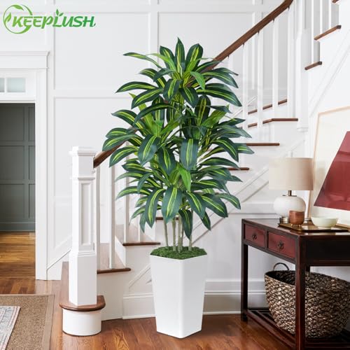 Keeplush Dracaena Artificial Plant 150 cm with White Planter, Artificial Palm Tree Large Like Real with 105 Leaves, Artificial Tree for Indoor Decoration, Living Room, Bedroom, Office, Garden, Home Decor