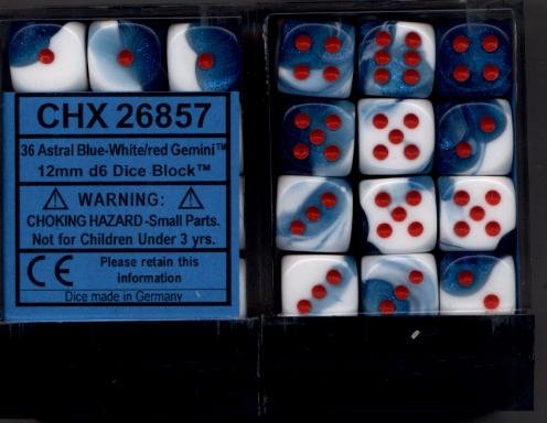 Chessex Dice d6 Sets: Gemini Astral Blue / White with Red - 12mm 6 Sided Die (36) Block of Dice