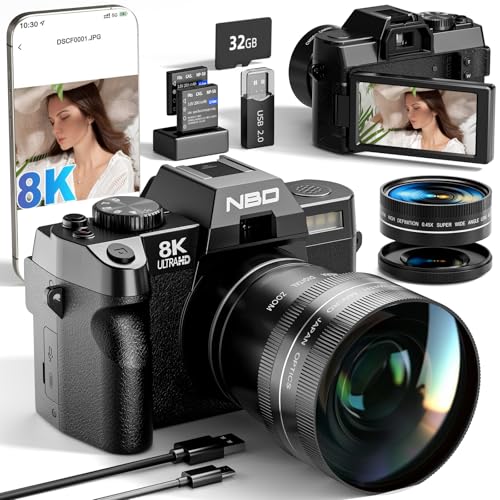 NBD 8K Digital Cameras for Photography,64MP Camara Fotograficas,Travel Vlogging Cameras for YouTube with 180°Flip Screen,16X Digital Zoom,52mm Macro Lens,2 Batteries,32GB TF Card (Black)