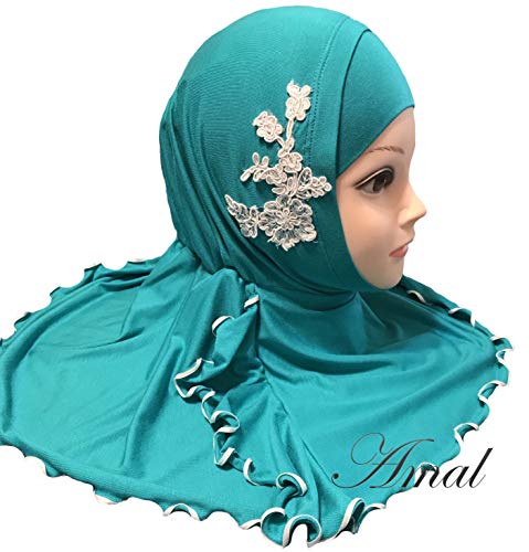 Children Girls Kid Muslim Hijab Islamic Scarf Headwear for 2-12 Years Cotton USA (Turquoise & White) - Thumbnail 2