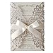 Hosmsua 20x Laser Cut Lace Flora Wedding Invitation Cards with Ribbon Bow and Envelopes for Bridal Shower Engagement Birthday Graduation Party 20pcs (Sliver Glitter)