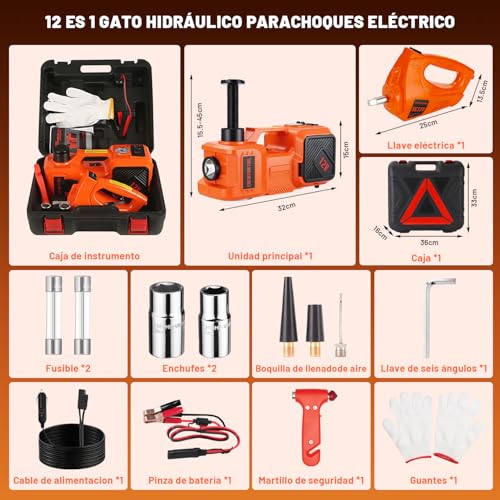 KVOZEN Gato Eléctrico 3 en 1 Hidráulico 5 Toneladas | Inflador Digital, Llave de Impacto 480NM, Kit de Emergencia, Luz LED, Para SUV