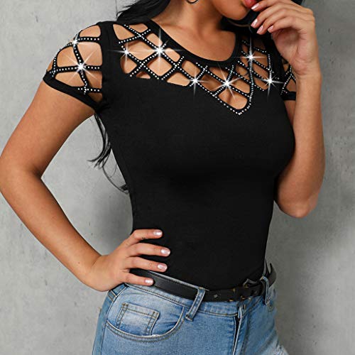 Sunhusing Ladies Sexy Hollow Hole Round Neck Short Sleeve Shiny Beaded Embellished Solid Color T-Shirt Top Black - Thumbnail 5