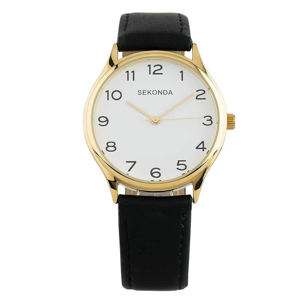 Sekonda Black and Gold Leather White Dial Strap Watch 1854