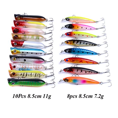 Fishing Poppers Minnow Laser Lures 3D Eyes Jerk Bait Topwater Hard Popper Lures For Bass Salmon Trout Swimbaits Aorace 18Pcs/lot Fishing Tackle Set Saltwater Freshwater - Thumbnail 3