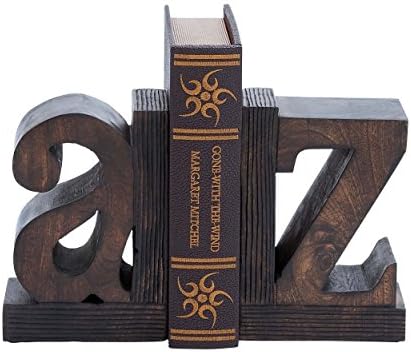 EcWorld Enterprises 7731441 Artisan Hand-Carved A To Z Wooden Bookends - Brown