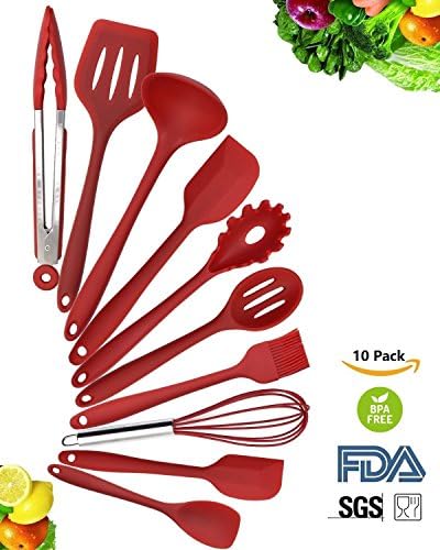 10 Piece Silicone Kitchen Utensils Set - Spatulas, Spoons and Turner, Heat Resistant Premium Home Cooking Tools Kit (Red)