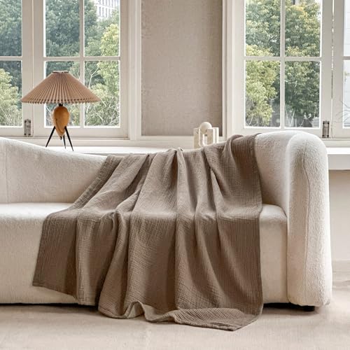 Simple&Opulence Cotton Muslin Throw Blanket for Bed Couch Sofa 4-Layer Gauze Blankets Reversible Soft Lightweight Breathable Home Décor for All-Season 50x60”, Coffee