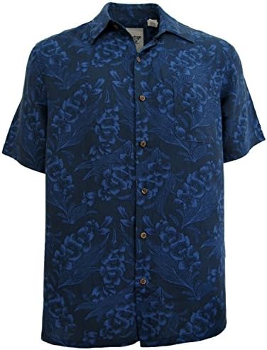 Mens Silk Camp Shirt Hawaiian Beach Cool Navy Blue Floral Casual (Medium)