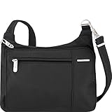 Travelon Anti-Theft Asymmetric East/West Bag - Small Nylon Crossbody for Travel & Everyday - (Black/Dusty Rose Interior)