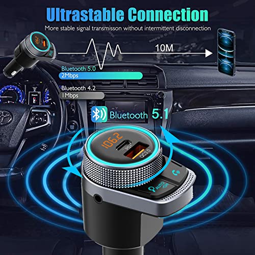 C80 Bluetooth FM Transmitter for Car, Bluetooth 5.0 Car FM Transmitter, MP3 Music Player, Wireless Radio Transmitter Adapter Car Kit, Hands Free Calling, QC3.0 & PD Ports Charger, LED Backlit