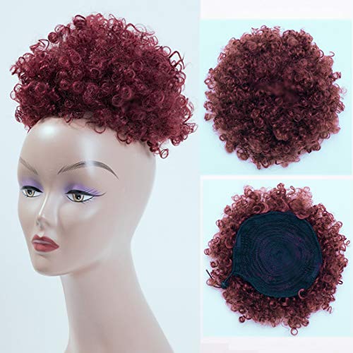 BEIRA Synthetic Afro Puff Drawstring Ponytail Short Kinky Curly Hair Bun Extension Donut Chignon Hairpieces Wig Updo Hair Extensions with Two Clips(WINE RED)