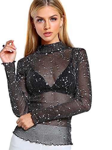 Floerns Women's Star Mesh See Through Mock Neck Long Sleeve Tops Tee Black S
