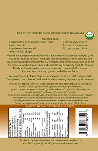Arora Creations Organic Chicken Tikka Masala Spice Blend, 0.9-Ounce Units (Pack of 6)