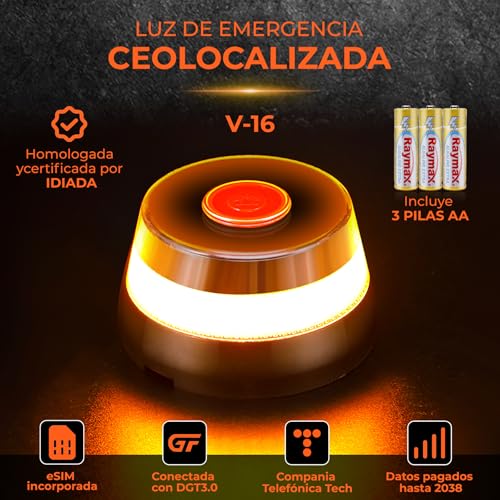 Aogled Luz V16 Conectada DGT 3.0 con Geolocalización,Baliza Emergencia Coche Homologada con SIM y Datos Incluidos 12 Años,Luz Señal V16 Magnética 1km,IP54,con Funda y Pilas