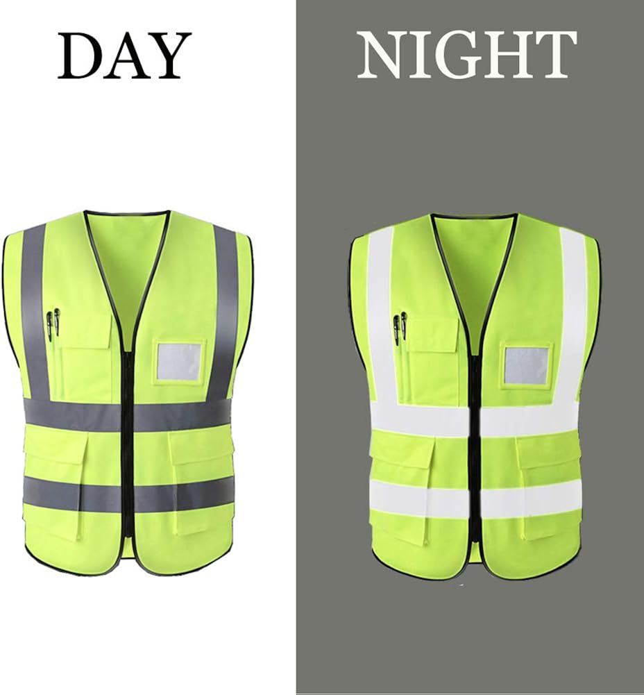 HYCOPROT High Visibility Reflective Safety Vest with Pockets and Zipper Front, Neon Yellow, Meets ANSI/ISEA Standards: Clothing