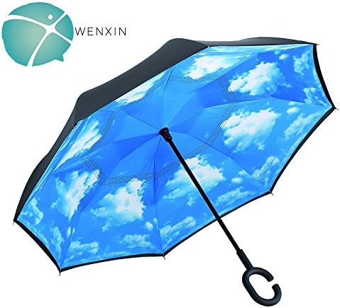 WENXIN Double Layer Inverted Umbrella with UV Protection, C-hook Reverse Folding Umbrella, Windproof for Hands Free, for Car Use, Golf, Large (The blue sky)
