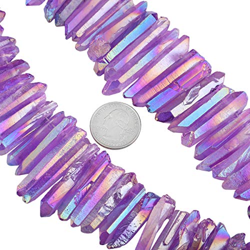 Nupuyai Natural Rock Crystal Quartz Crystal Points Loose Beads for Jewelry Making, Titanium Coated Aura Crystal Top Drilled Graduated Spike Stone Beads 15