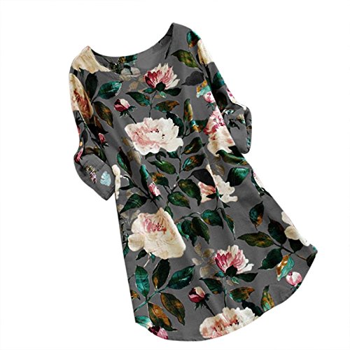 KESEELY Casual Loose Linen Dresses, Women Floral Print Mini Dress Long Sleeve Dress Plus Size Summer Beach Party Mini Dress (XXXL, Gray)