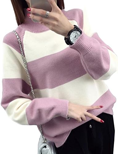 FOXSEN Womens' High Neckline Knit Stripe Sweater Pullover Pink