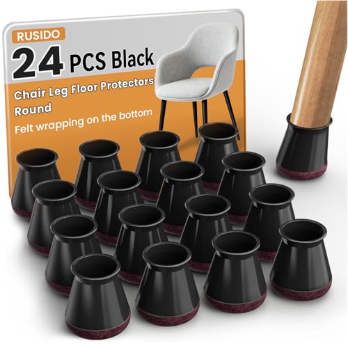 RUSIDO 24 Pieces Black Silicone Chair Rubber Rubber Feet Felt Chair Feet Round Protectors for Chair Legs, Suitable for Straight and Tilting Chair Legs, Non-Scratching (S Fit: 14-20 mm)