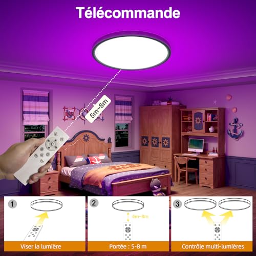 DetarZinLED 2 x Extra Flat LED Ceiling Light 30 cm with Remote Control, 24 W 2700 LM Dimmable CCT Round Ceiling Lamp, RGB Colour Changing Chandelier Children's Bedroom Night Light, IP44 Waterproof Bathroom