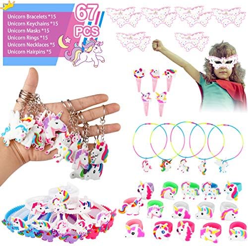Unicorn Party Supplies Birthday Party Favors 67pcs Unicorn Theme Sets Includes Unicorn Masks Hairpins Necklaces Keychains Bracelets Rings - Novelty Decoration Toys Rainbow Prize Gifts for Kids Girl