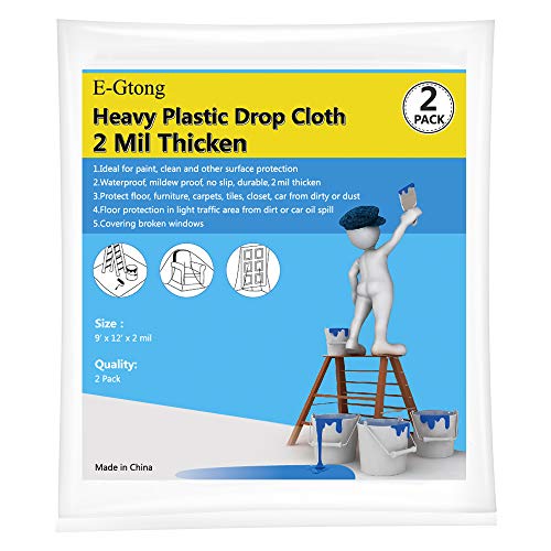 E-Gtong 2-Pack 2 Mil Heavy Duty Plastic Drop Cloth, 9-Feet by 12-Feet Clear Plastic Tarp Plastic Painting Tarp Plastic Sheeting, Waterproof Patio Furniture Covers