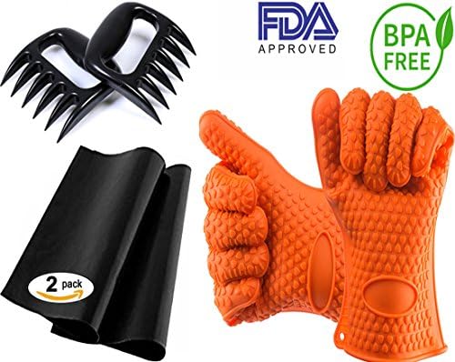 BBQ/GRILL Complete Set - Heat Resistant Silicone Cooking Gloves for Grill/BBQ + Non-Stick Grill/Oven/Barbecue Mats (Set of 2) + Pair of Meat Claws, Perfect Set as a Gift, FDA Approved, BPA Free