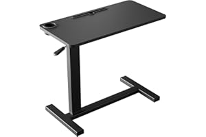 ANTSUN Adjustable Medical Overbed Table with Hidden Wheels Pneumatic Foldable Bedside Table with Cup Holder for Hospital Rolling Computer Cart Mobile Standing Desk Laptop with Tray (Black)