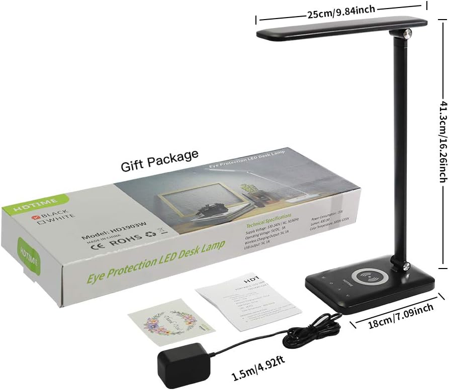 HDTIME Desk Lamp Black with Wireless Charger USB Charging Port 3 Lighting Modes with 5 Brightness Levels Touch Control Eye Care Desk Light for Home Office: Home Improvement