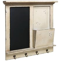 Vintage Wood Wall Mounted Chalkboard Rack, Magazine Holder / Mail Sorter Basket, 4 Coat / Key Hooks