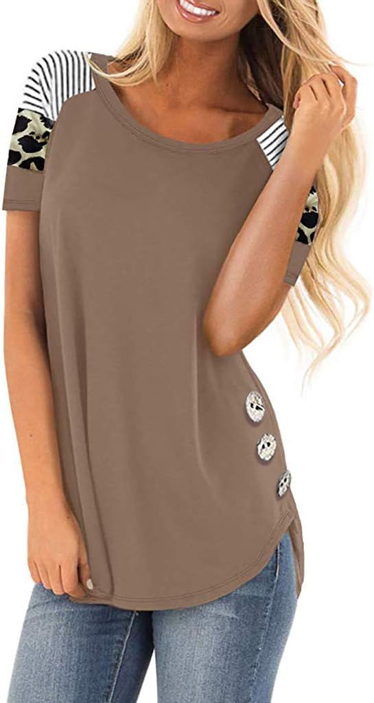 Vedolay Women Short Sleeve Tops, Womens Comfy Leopard Stripe Print Cotton Tunic Top Shirt Casual Tees Pullover Blouse T Shirt