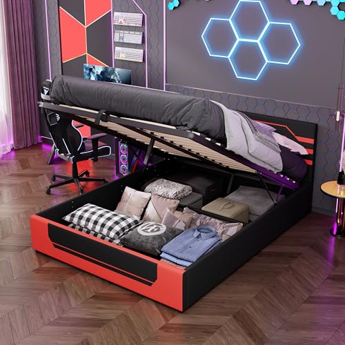 Merax Queen Size Hydraulic Gaming Bed Frame, Cyberpunk Storage Bed with Padded…