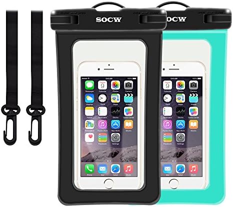 SOCW Universal Waterproof Case,Cellphone Dry Bag Pouch with Lanyard for Outdoor Activities for Skiing Boating Surfing Kayaking for Devices up to 6.0 inches [2-PACK] (black+green)