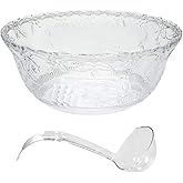 Premium Large Clear Punch Bowl Plastic Lightweight 2 Gallon with Clear Plastic Serving Ladle 5 oz Embroidered Design 8 Quart Serving Bowl